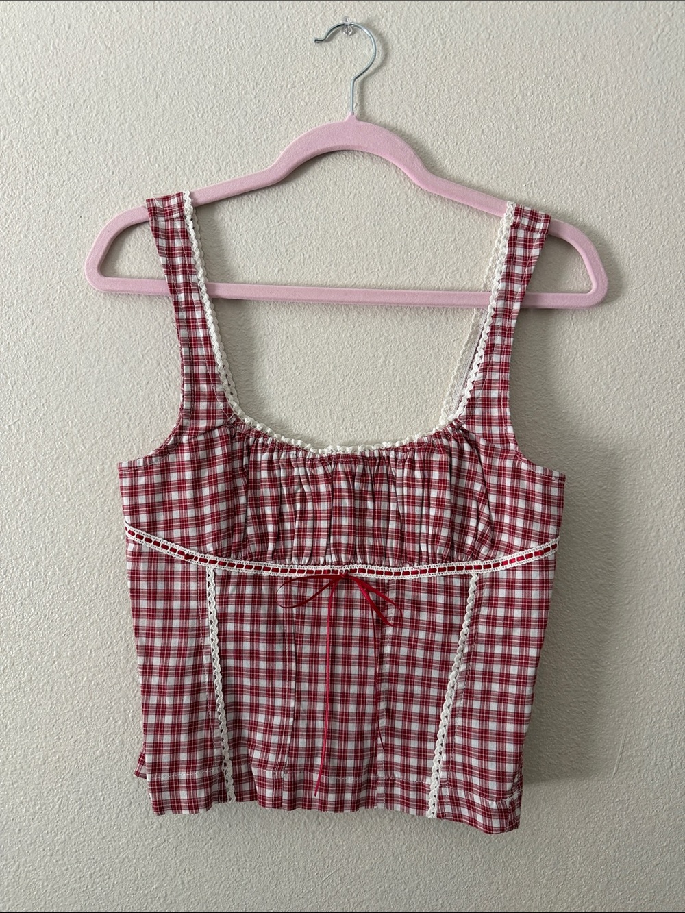 BDG Red and White Gingham Tank Top with Lace Trim